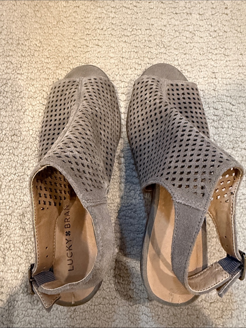Lucky Brand Perforated Gray Suede Slingback Mules